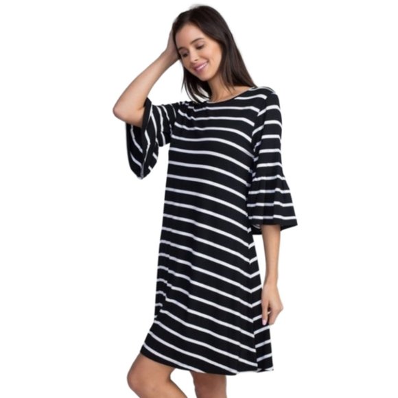 Dresses & Skirts - Women's Ruffled 3/4 Sleeve Striped Summer Dress BK